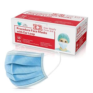 ever ready first aid 3-ply disposable face masks, ear loop breathable particle mask, general use – 50 count
