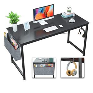 foxemart computer desk 47" office desks writing study desk modern simple pc laptop notebook table with storage bag and iron hook for home office workstation, black