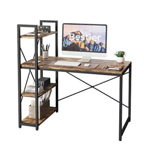 bestier computer desk with shelves - 47 inch small space home office desks with bookshelf for study writing and work - plenty leg room and easy assemble, rustic brown