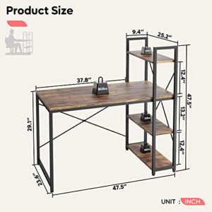 Bestier Computer Desk with Shelves - 47 Inch Small Space Home Office Desks with Bookshelf for Study Writing and Work - Plenty Leg Room and Easy Assemble, Rustic Brown