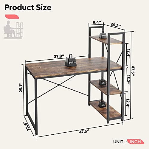 Bestier Computer Desk with Shelves - 47 Inch Small Space Home Office Desks with Bookshelf for Study Writing and Work - Plenty Leg Room and Easy Assemble, Rustic Brown