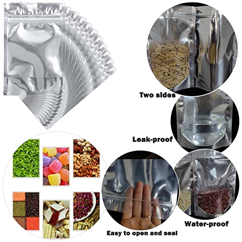 100-Pack Large Reclosable Mylar Bags for Food Storage 7" x 10" Stand Up Ziplock Bags in Bulk 1 Quart Large Resealable Smell Proof Aluminum Foil Bags with Clear Window for Kitchen Storage Zip-lock Edible Packaging Water-proof, 100ct