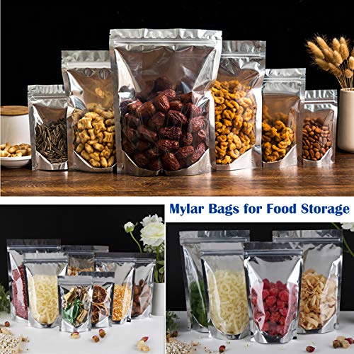 100-Pack Large Reclosable Mylar Bags for Food Storage 7" x 10" Stand Up Ziplock Bags in Bulk 1 Quart Large Resealable Smell Proof Aluminum Foil Bags with Clear Window for Kitchen Storage Zip-lock Edible Packaging Water-proof, 100ct