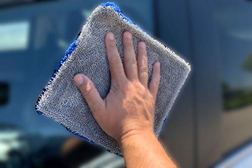 [Amphibian Mini] Dual Side Glass Cleaning Microfiber Towel - One Side Twist, One Side Plush - 8"x8" (Blue/Gray) 3 Pack