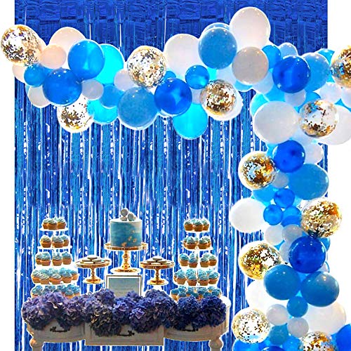 TJOUL Blue Birthday Party Decorations with Gold Happy Birthday Balloons Banner, Blue Gold Balloons, Blue Foil Fringe Curtains for Birthday Party Supplies