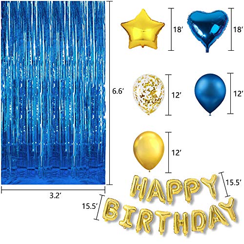 TJOUL Blue Birthday Party Decorations with Gold Happy Birthday Balloons Banner, Blue Gold Balloons, Blue Foil Fringe Curtains for Birthday Party Supplies