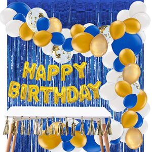 TJOUL Blue Birthday Party Decorations with Gold Happy Birthday Balloons Banner, Blue Gold Balloons, Blue Foil Fringe Curtains for Birthday Party Supplies