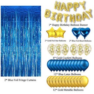 TJOUL Blue Birthday Party Decorations with Gold Happy Birthday Balloons Banner, Blue Gold Balloons, Blue Foil Fringe Curtains for Birthday Party Supplies