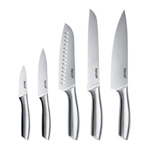 hecef silver kitchen knife set of 5, satin finish blade with hollow handle, includes 8" chef, 8" bread, 8" santoku, 5" utility and 3.5" paring knife