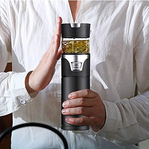 15 oz Double Wall Glass Tea Bottle, Portable Vacuum-Insulated Thermal Tea Bottle, Tea Tumbler with Infuser (black)