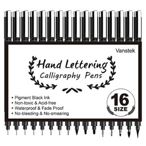 Vanstek 16 Pack Hand Lettering Pens, Calligraphy Pens Markers, Black Ink for Beginners Writing, Lettering, Bullet Dotted Journaling, Art Drawing, Signature, Illustrations and Office School Supplies