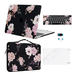 mosiso compatible with macbook pro 13 inch case m2 2023, 2022, 2021-2016 a2338 m1 a2251 a2289 a2159 a1989 a1708 a1706, plastic peony hard shell&bag&keyboard cover&webcam cover&screen protector, black