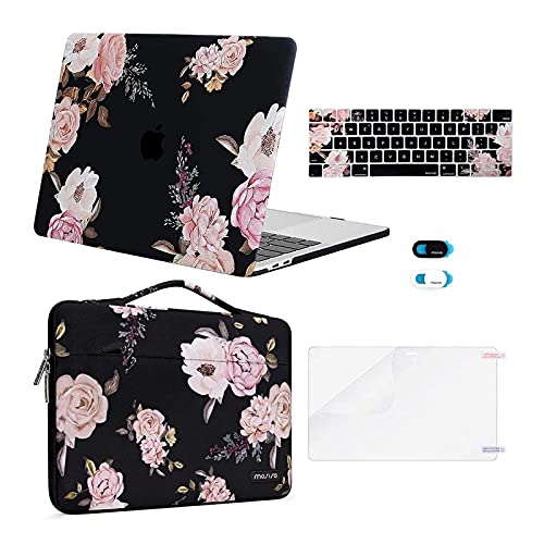 MOSISO Compatible with MacBook Pro 13 inch Case M2 2023, 2022, 2021-2016 A2338 M1 A2251 A2289 A2159 A1989 A1708 A1706, Plastic Peony Hard Shell&Bag&Keyboard Cover&Webcam Cover&Screen Protector, Black