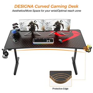 DESIGNA 60 inch Gaming Desk, Large Curved Computer Desk with Full Mouse Pad, T-Shaped Professional Gamer Studio Table for 3 Monitors with USB Handle Rack Cup Holder Headphone Hook, Carbon Fiber Black