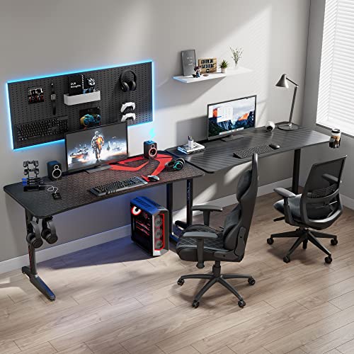 DESIGNA 60 inch Gaming Desk, Large Curved Computer Desk with Full Mouse Pad, T-Shaped Professional Gamer Studio Table for 3 Monitors with USB Handle Rack Cup Holder Headphone Hook, Carbon Fiber Black