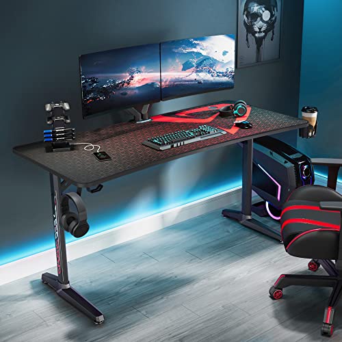 DESIGNA 60 inch Gaming Desk, Large Curved Computer Desk with Full Mouse Pad, T-Shaped Professional Gamer Studio Table for 3 Monitors with USB Handle Rack Cup Holder Headphone Hook, Carbon Fiber Black
