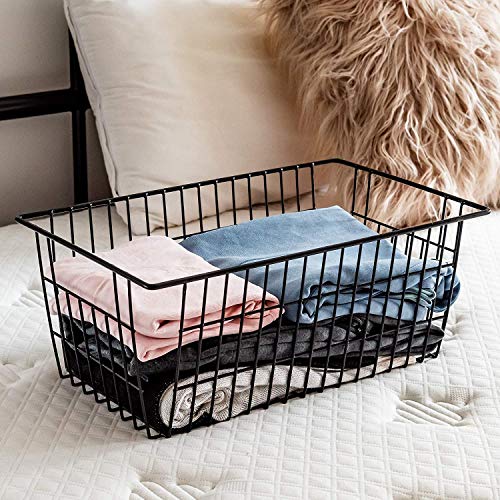 Slideep Farmhouse Large Wire Organizer Storage Bins Freezer Food Storage Basket for Kitchen Cabinets, Office, Bathroom, Pantry Organization Storage Bins Rack with Handles, 2 Pack, Black