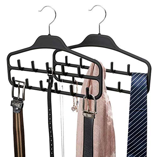 FairyHaus Belt Hanger Organizer 2 Pack, Non Slip Tie Rack Holder, Durable Hanging Closet Accessory Hooks for Belts, Ties, Jewelry, Scarves, Tank Tops, Black