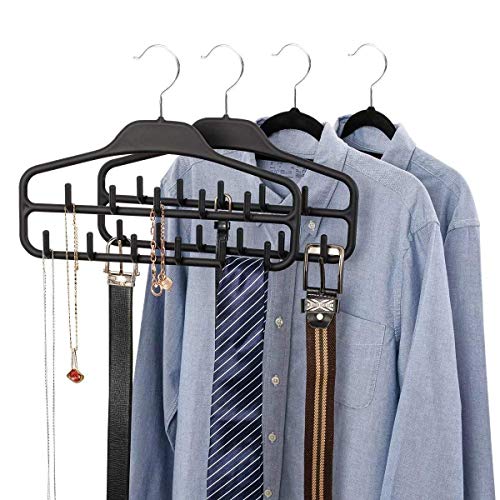 FairyHaus Belt Hanger Organizer 2 Pack, Non Slip Tie Rack Holder, Durable Hanging Closet Accessory Hooks for Belts, Ties, Jewelry, Scarves, Tank Tops, Black