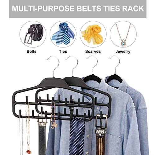 FairyHaus Belt Hanger Organizer 2 Pack, Non Slip Tie Rack Holder, Durable Hanging Closet Accessory Hooks for Belts, Ties, Jewelry, Scarves, Tank Tops, Black