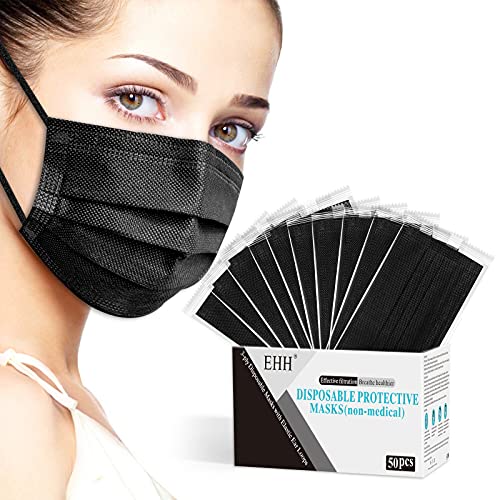 EHH Black Disposable Face Masks, Individually Wrapped, Breathable Face Mask for Men Women, 3- Ply, Comfortable Adult Masks with Adjustable Nose Wire & Elastic Ear Loop 50 Pcs, Black