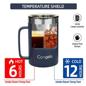 Congela 18oz stainless steel coffee mug, vacuum insulated coffee travel mugs set with Big handle, large capacity cups with BPA free clear lid(Navy,18oz X 2Pack)