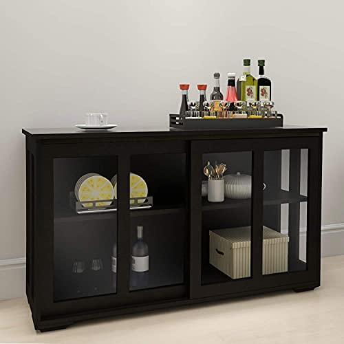 RASOO Buffet Sideboard with Sliding Glas Door and Adjustable Shelf Stackable Kitchen Storage Cabinet Antique Cupboard Kitchen Sideboard Storage Cabinet Home Furniture, Black