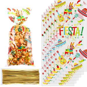 100 pieces mexican fiesta cellophane treat bags, cinco de mayo themed party favor bag plastic candy bags goodie gift bags taco bar decor with 100 gold twist ties for fiesta mexico party decoration