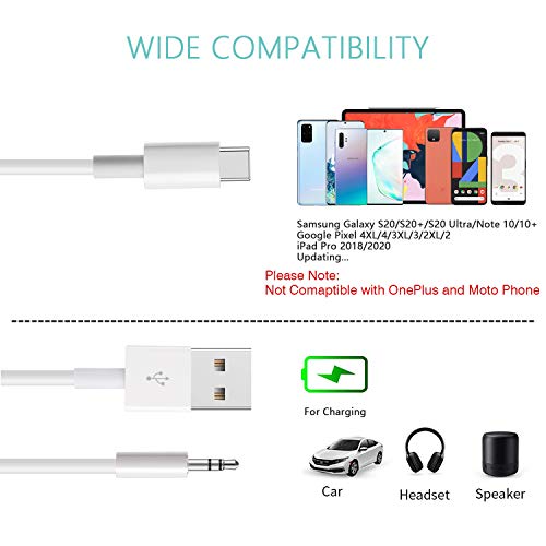 Azddur USB C to Aux Cable, 2 in 1 USB C to 3.5mm Car Aux Headphone Jack Cable and USB C Charging Cable Compatible with Google Pixel 4/4XL/3/3XL, Samsung Galaxy S20/S20+/Note 10/10+ and More (White)