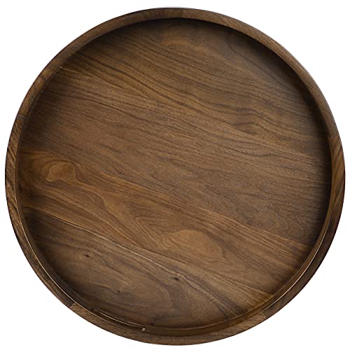 KINGCRAFT 24 x 24 inches Large Round Ottoman Table Tray Wooden Solid Circle Serving Tray with Handle Black Walnut Platter Decorative Tray for Oversized Ottoman Home Breakfast in Bed Tea Coffee