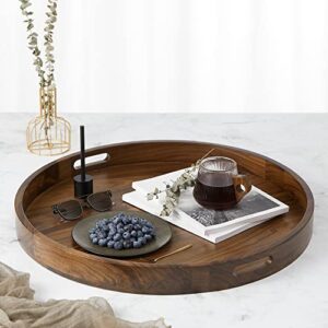 KINGCRAFT 24 x 24 inches Large Round Ottoman Table Tray Wooden Solid Circle Serving Tray with Handle Black Walnut Platter Decorative Tray for Oversized Ottoman Home Breakfast in Bed Tea Coffee