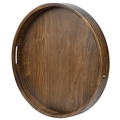 KINGCRAFT 24 x 24 inches Large Round Ottoman Table Tray Wooden Solid Circle Serving Tray with Handle Black Walnut Platter Decorative Tray for Oversized Ottoman Home Breakfast in Bed Tea Coffee