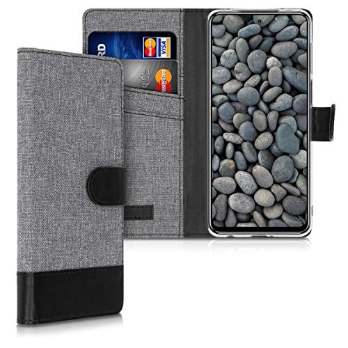 kwmobile Wallet Case Compatible with Xiaomi Redmi Note 9S / 9 Pro / 9 Pro Max - Case Fabric and Faux Leather Phone Flip Cover - Grey/Black