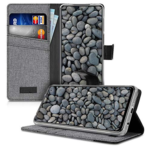kwmobile Wallet Case Compatible with Xiaomi Redmi Note 9S / 9 Pro / 9 Pro Max - Case Fabric and Faux Leather Phone Flip Cover - Grey/Black
