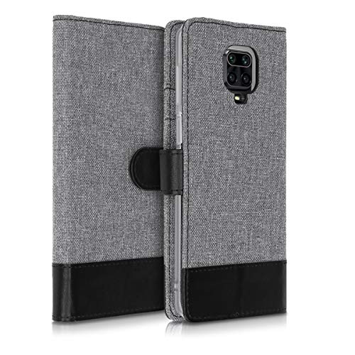 kwmobile Wallet Case Compatible with Xiaomi Redmi Note 9S / 9 Pro / 9 Pro Max - Case Fabric and Faux Leather Phone Flip Cover - Grey/Black