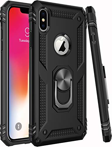 LUMARKE iPhone X Case,iPhone Xs Case with Glass Screen Protector,Military Grade 16ft. Drop Tested Cover with Magnetic Kickstand Protective Phone Case for iPhone Xs/iPhone X Black