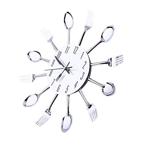 TOPINCN 12.4in Knife and Fork Style Wall Clock, Modern Unique Mirror Surface Silver Cutlery Spoon Fork Wall Clock for Home Kitchen Restaurant Cafe Bar Commercial