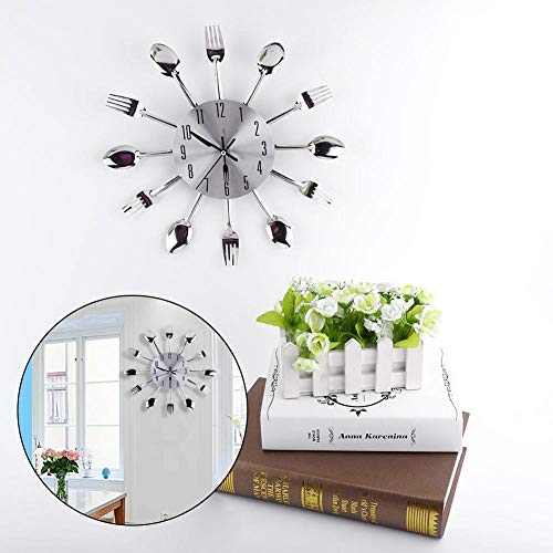 TOPINCN 12.4in Knife and Fork Style Wall Clock, Modern Unique Mirror Surface Silver Cutlery Spoon Fork Wall Clock for Home Kitchen Restaurant Cafe Bar Commercial