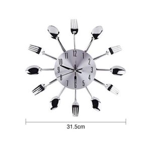 TOPINCN 12.4in Knife and Fork Style Wall Clock, Modern Unique Mirror Surface Silver Cutlery Spoon Fork Wall Clock for Home Kitchen Restaurant Cafe Bar Commercial