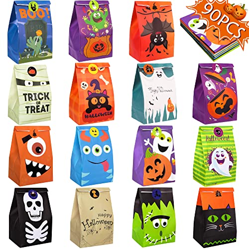 90PCS Halloween Treat Bags Party Favors - Trick or Treat Candy Goodie Gift Bag Stuffer Filler Paper Supplies Decorations with 90 Stickers