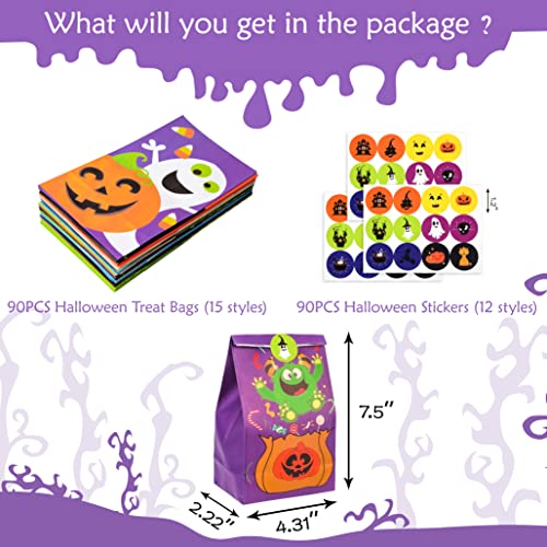 90PCS Halloween Treat Bags Party Favors - Trick or Treat Candy Goodie Gift Bag Stuffer Filler Paper Supplies Decorations with 90 Stickers