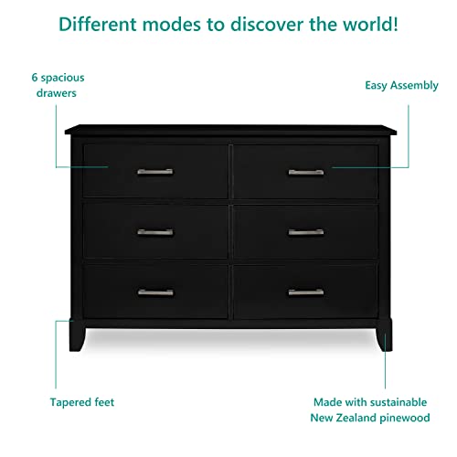 Dream On Me Universal Double Dresser In Black, Kids Bedroom Dresser, Six Drawers Dresser, Mid-Century Modern, Made Of Solid, Sustainable Pinewood, Easy Assembly