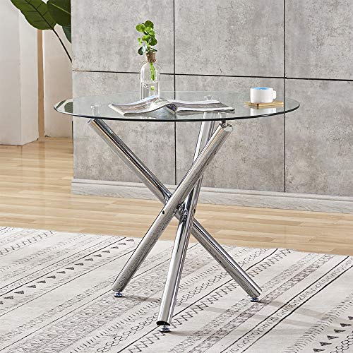 HomeSailing Modern Clear Glass Dining Room Table Round Only Kitchen Table with Tempered Glass Tabletop Chrome Legs for Small Dinette 4/6/8 People Use