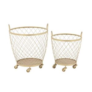 Set Of 2 Modern Diamond-weave Round Iron Baskets With Wheels Gold