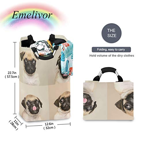 Emelivor Laundry Baskets with Handles - Cute Pug Puppy Large Laundry Hamper Collapsible Waterproof Laundry Bins for Home Farmhouse