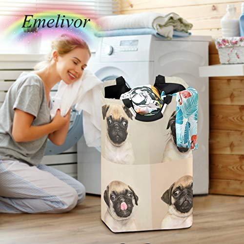 Emelivor Laundry Baskets with Handles - Cute Pug Puppy Large Laundry Hamper Collapsible Waterproof Laundry Bins for Home Farmhouse