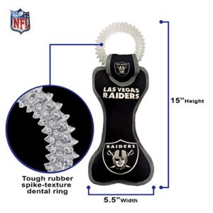 Pets First NFL Las Vegas Raiders Football Dental Tough Dog TUG Bone Toy with Built-in Squeaker Attached to a Safe Rubber Teething Toothbrush PET Toy, Team Color, (OAK-3310), 14 x 5