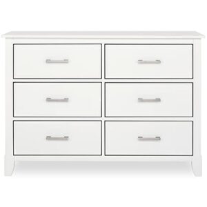 dream on me universal double dresser in white, kids bedroom dresser, six drawers dresser, mid-century modern, made of solid, sustainable pinewood, easy assembly