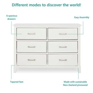 Dream On Me Universal Double Dresser in White, Kids Bedroom Dresser, Six Drawers Dresser, Mid-Century Modern, Made of Solid, Sustainable Pinewood, Easy Assembly