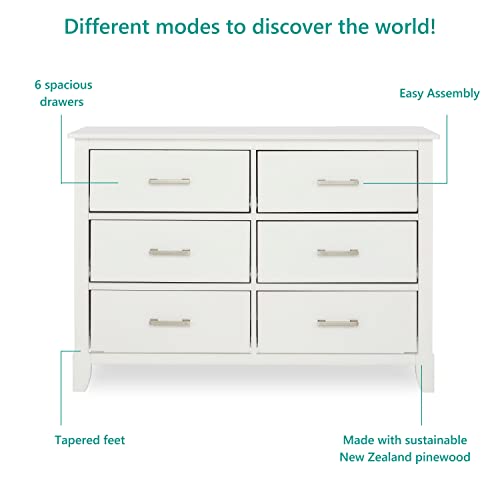 Dream On Me Universal Double Dresser in White, Kids Bedroom Dresser, Six Drawers Dresser, Mid-Century Modern, Made of Solid, Sustainable Pinewood, Easy Assembly